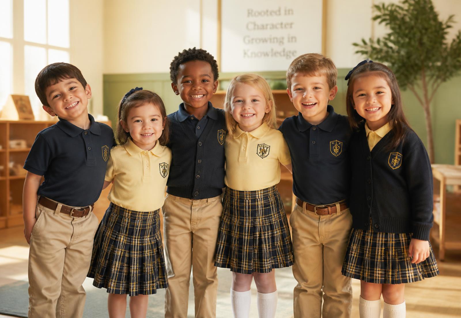 Children in Love Conquers All Learning Academy uniforms smiling together in a classroom